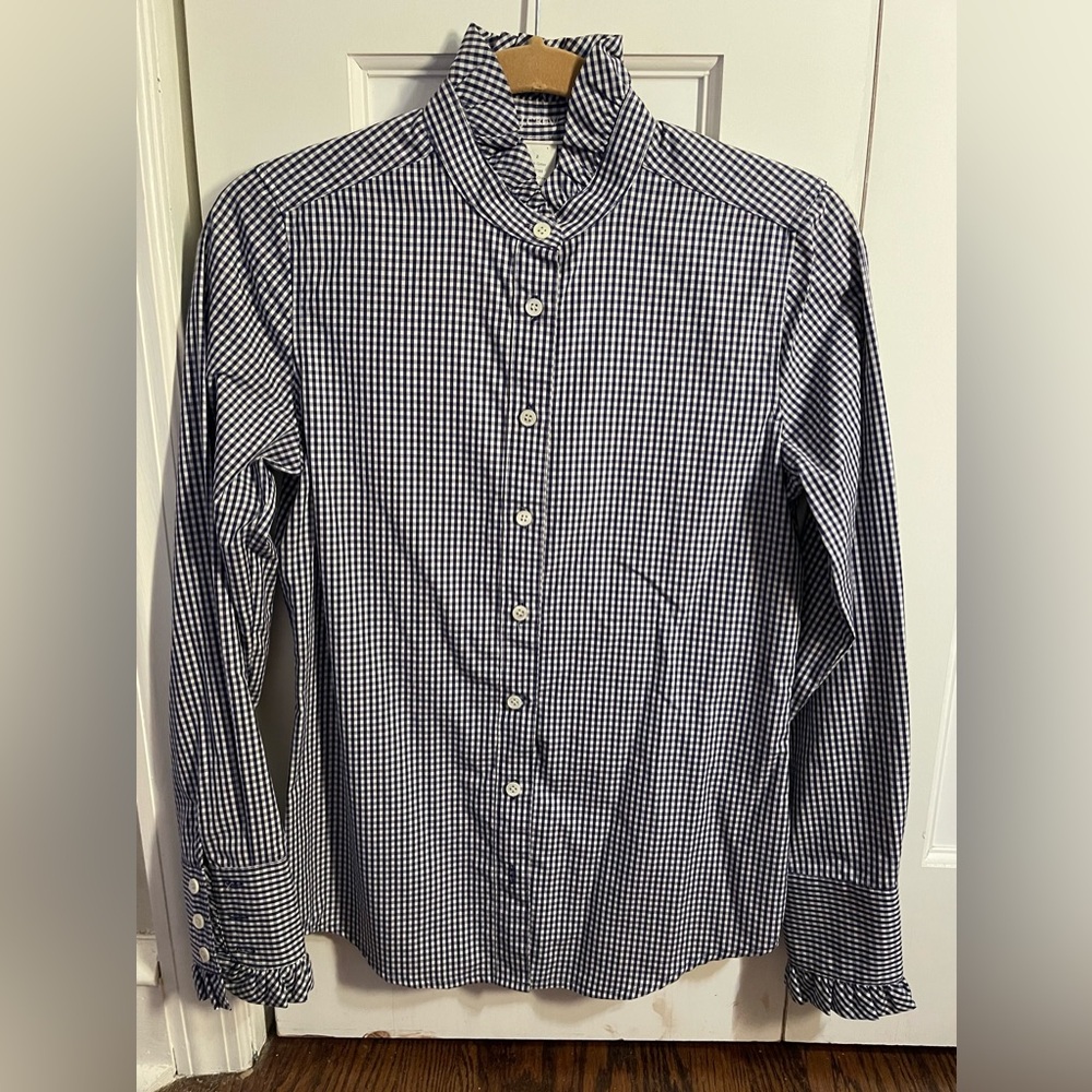 J.Crew Size 2 navy gingham ruffle blouse NWOT Y2K beautiful details perfect